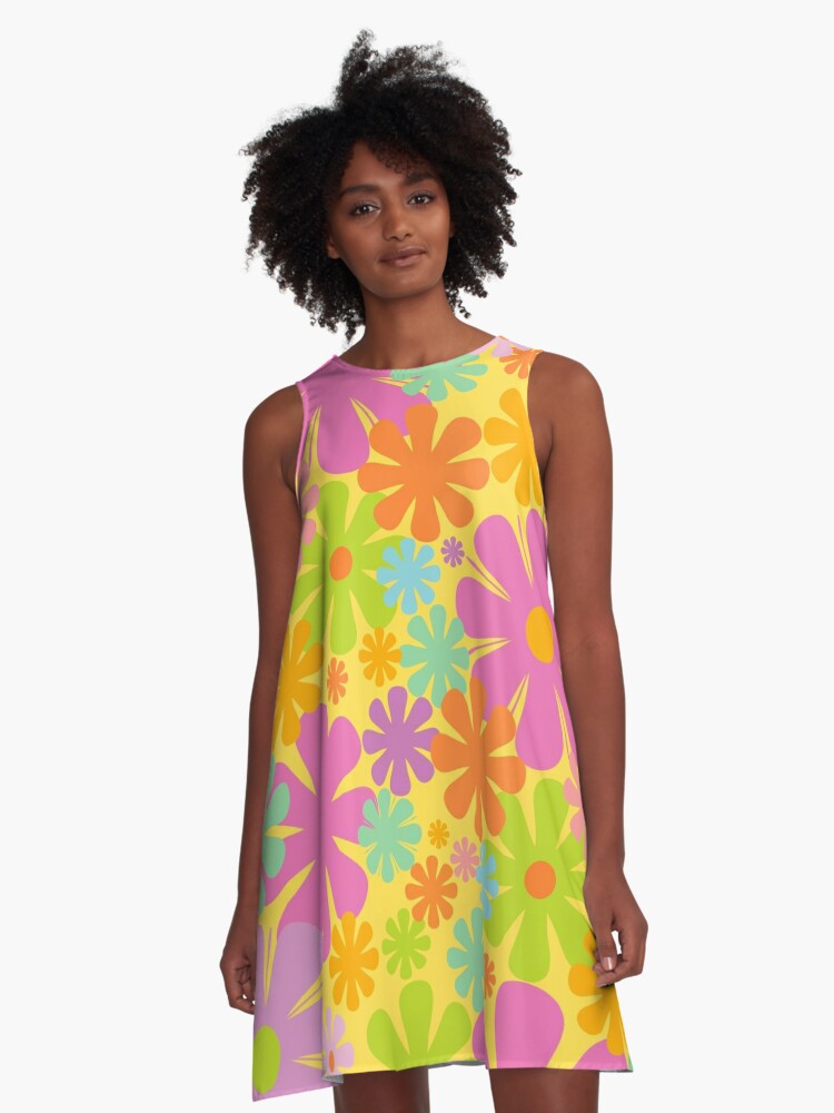 Retro Flowers 60s 70s Aesthetic Floral Pattern in Neon Pastel Pink Orange  Yellow Chartreuse Lavender | A-Line Dress