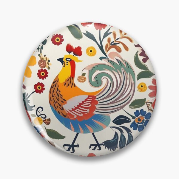 Item preview, Folktale inspired motifs, rooster, red hues, floral, Hungarian designed and sold by EmeraldeaArt.