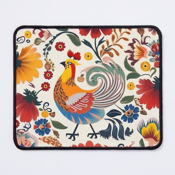 Item preview, Folktale inspired motifs, rooster, red hues, floral, Hungarian designed and sold by EmeraldeaArt.