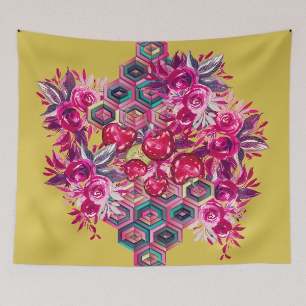 Item preview, Roses, cherries and hexagons, psychedelic art designed and sold by IngaDesign.