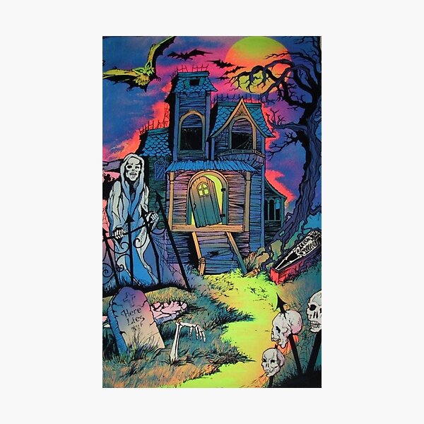 Artikel-Vorschau von Spukhaus - Friedhofsszene im Retro-Schwarzlichtstil, designt und verkauft von WigOutlet.