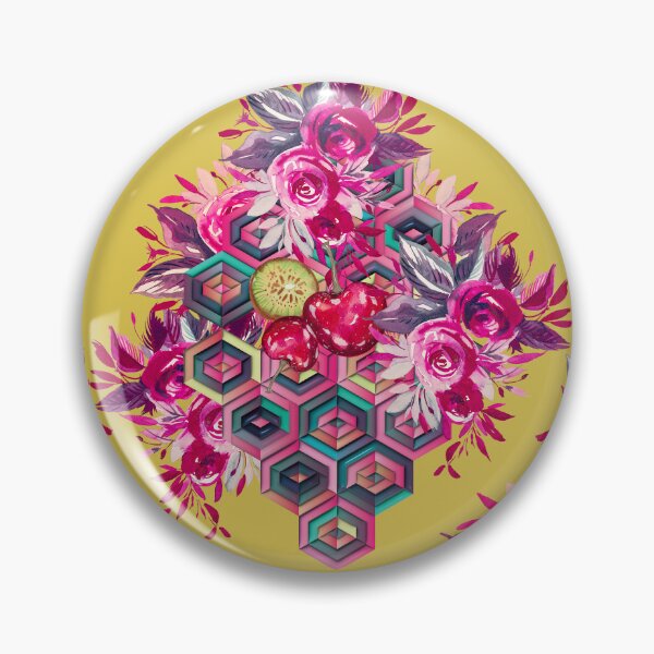 Item preview, Psychedelic folk art, red roses and hexagons on yellow background designed and sold by IngaDesign.