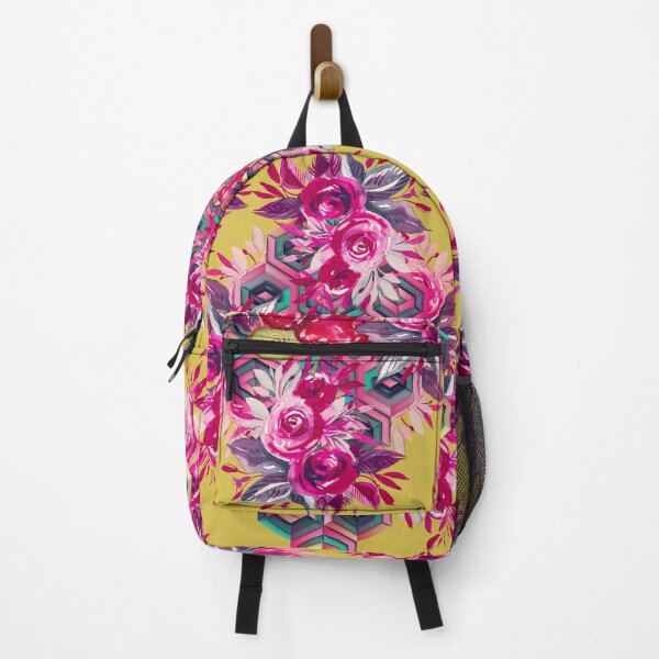Item preview, Psychedelic folk art, red roses and hexagons on yellow background designed and sold by IngaDesign.