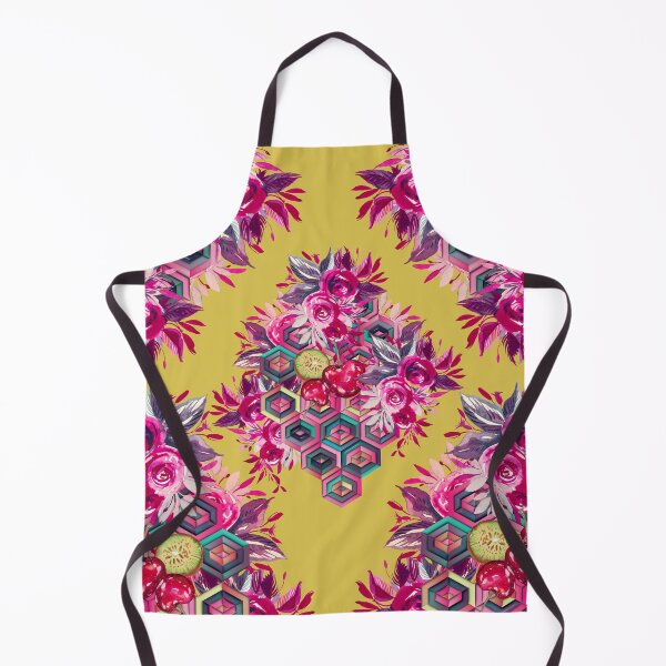 Item preview, Psychedelic folk art, red roses and hexagons on yellow background designed and sold by IngaDesign.