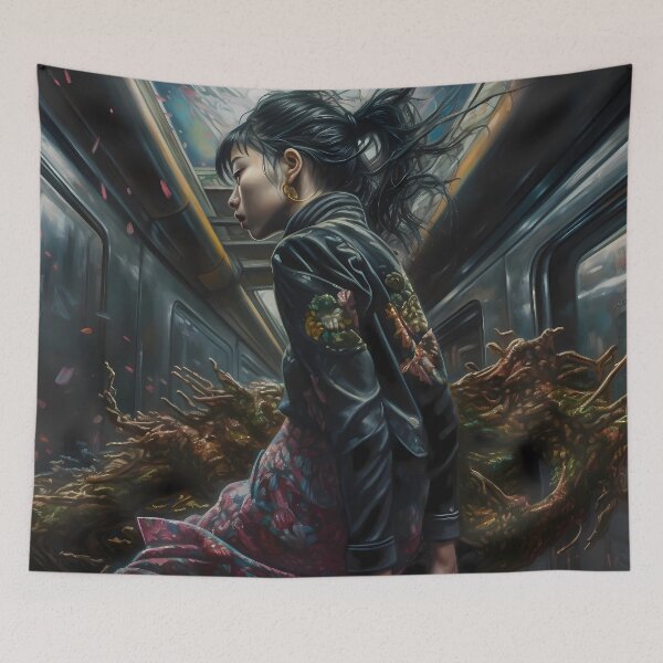 Item preview, Japanese girl with a leather jacket and flower skirt suddenly entering the Tokyo subway inhabited by a floating slug designed and sold by SingularityGeek.