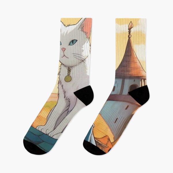 Item preview, Large white cat with a medallion on the top of a green roof in a medieval village designed and sold by SingularityGeek.