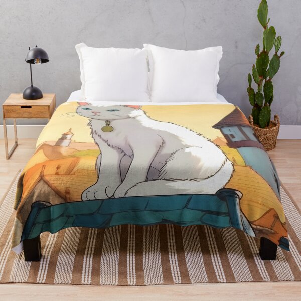 Item preview, Large white cat with a medallion on the top of a green roof in a medieval village designed and sold by SingularityGeek.