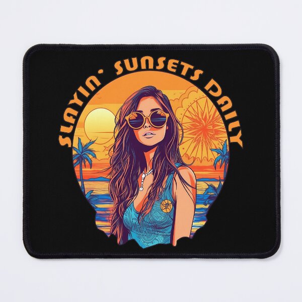 Item preview, "Slayin' Sunsets Daily" - Sunset Girl in Cool Glasses Art Print designed and sold by RandomForestBot.