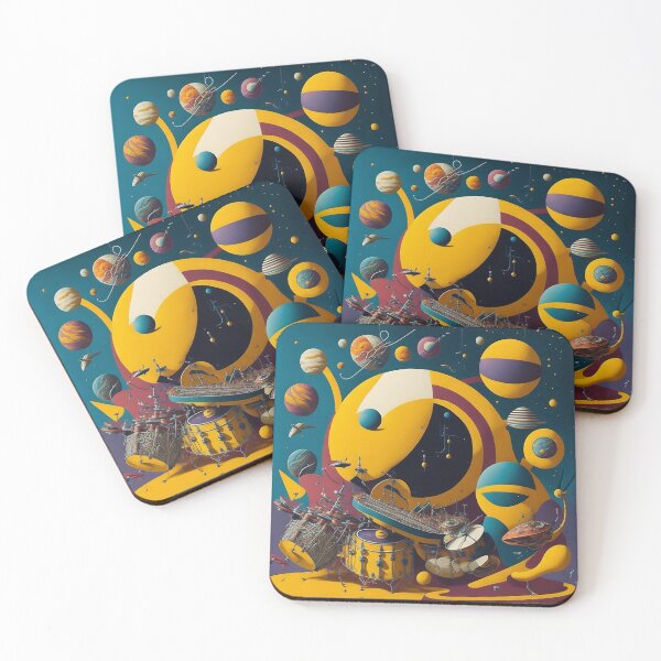Item preview, A wild three dimensional repeating pattern  with planets and a drum set designed and sold by Gary Gable.
