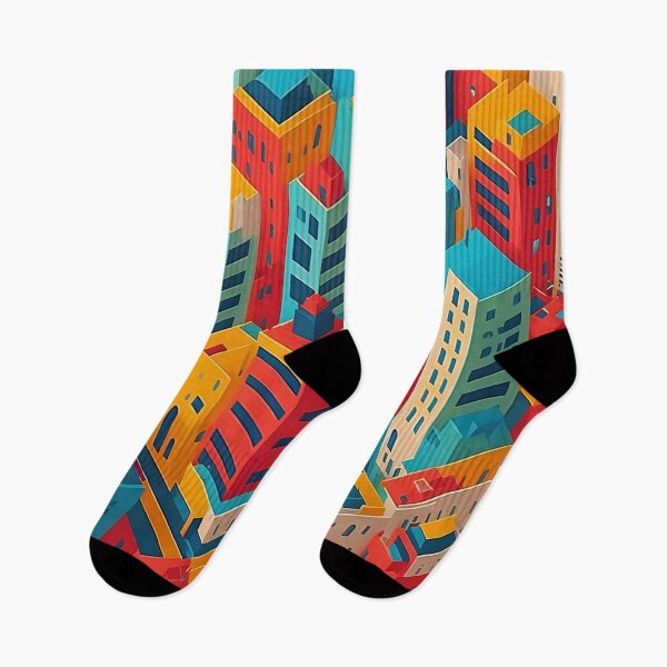 Item preview, Colorful, stylized cityscape pattern in red, yellow and turquoise designed and sold by Gary Gable.