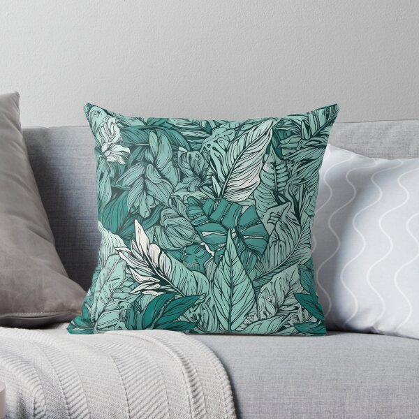 Tropical Leaves on Teal and Green - Hand-Drawn Illustration Hanging Scroll Throw Pillow