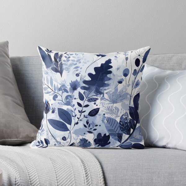 Blue Botanical Illustration on White Background - Fresh and Modern Design for Home Decor and Gifts Throw Pillow