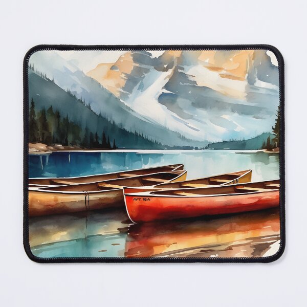 Item preview, AI Watercolor of canoes in a lake overlooking mountains designed and sold by cy312.