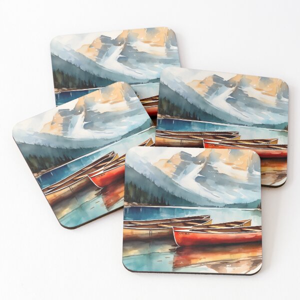 Item preview, AI Watercolor of canoes in a lake overlooking mountains designed and sold by cy312.