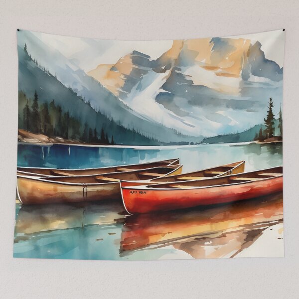 Item preview, AI Watercolor of canoes in a lake overlooking mountains designed and sold by cy312.