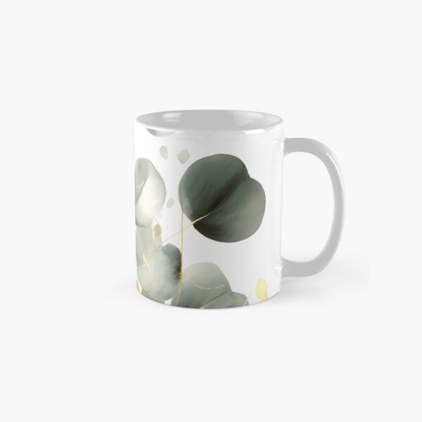 Eucalyptus Branch with Leaves and Roots - Decorative Painting Style in Light Emerald and Dark Beige Classic Mug