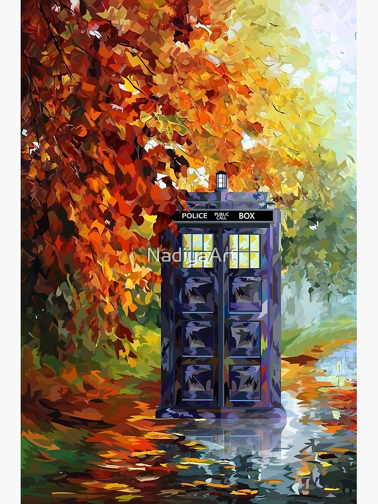 Discover Blue Phone booth with autumn views Premium Matte Vertical Poster