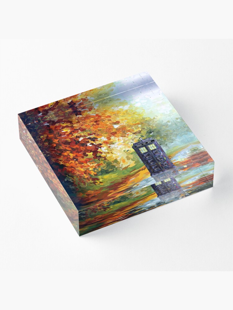 Alternate view of Blue Phone booth with autumn views Acrylic Block
