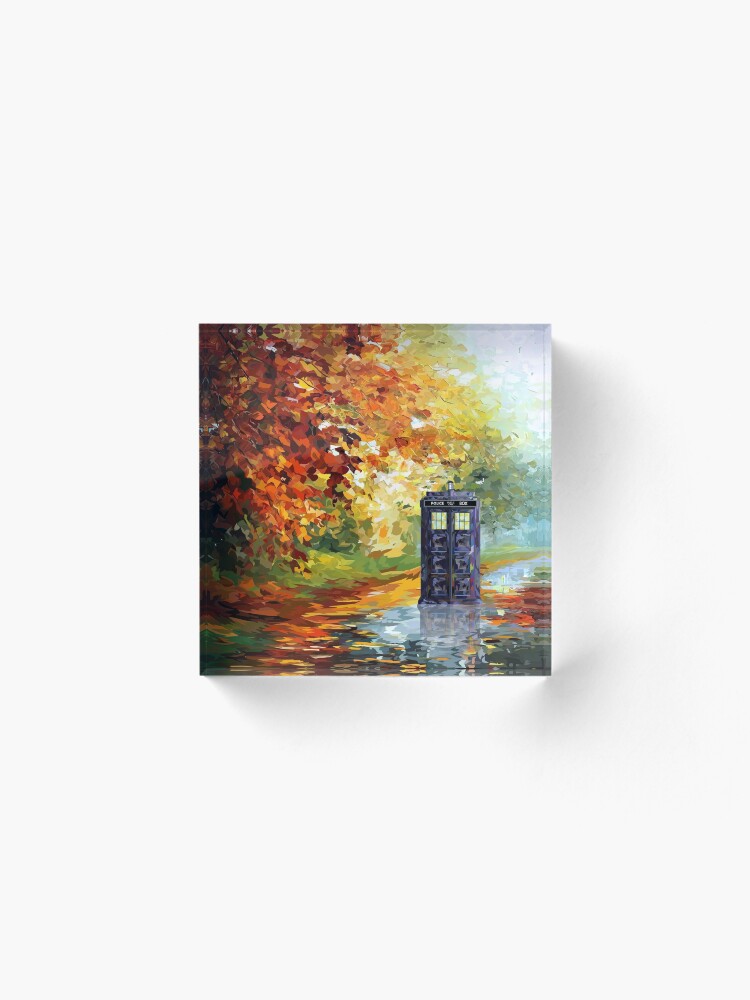 Alternate view of Blue Phone booth with autumn views Acrylic Block