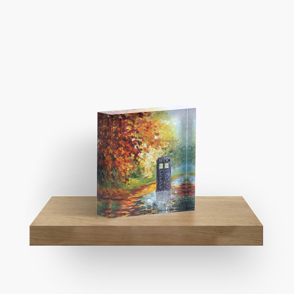 Blue Phone booth with autumn views Acrylic Block