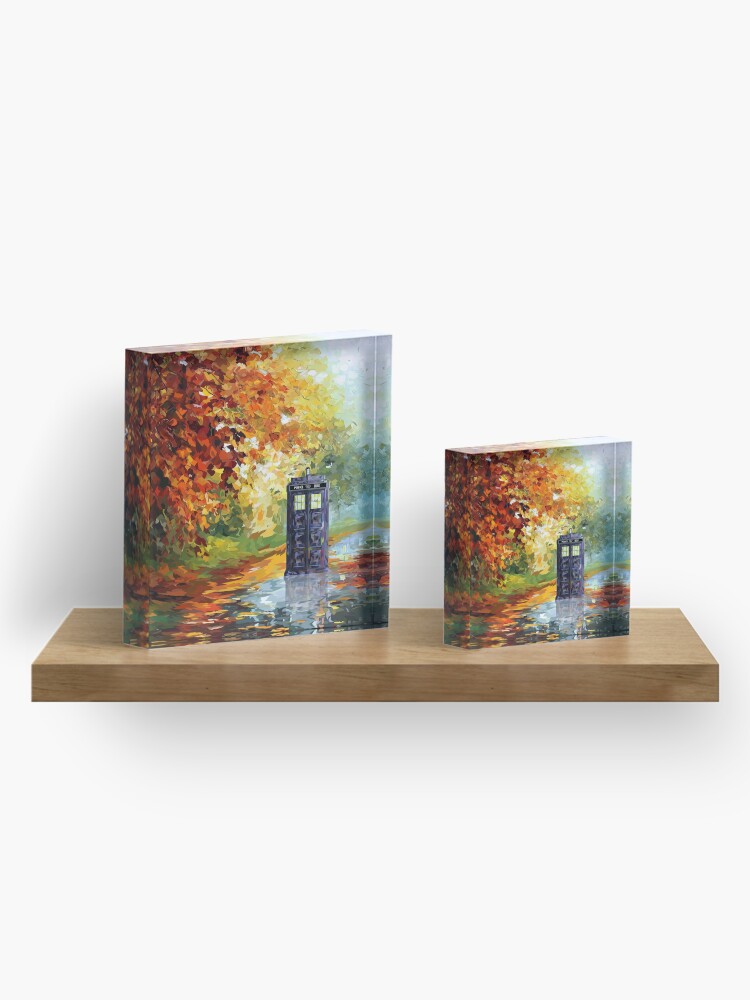 Alternate view of Blue Phone booth with autumn views Acrylic Block