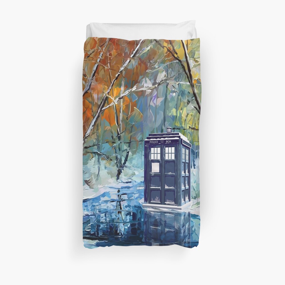 Blue Phone booth with winter views Duvet Cover