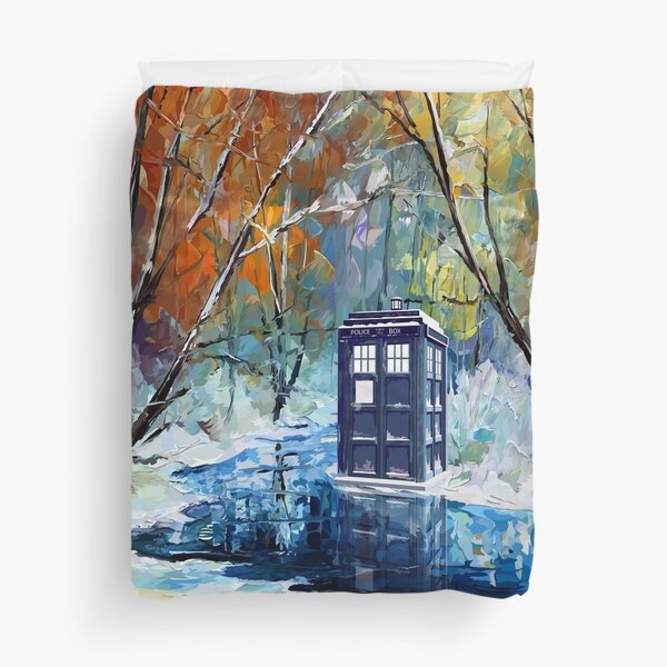 Blue Phone booth with winter views Duvet Cover