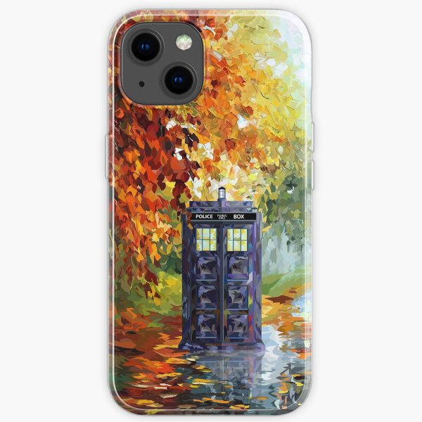 Blue Phone booth with autumn views iPhone Soft Case