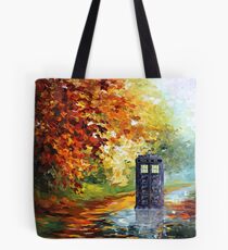 Blue Phone booth with autumn views Tote Bag