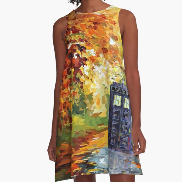 Blue Phone booth with autumn views A-Line Dress