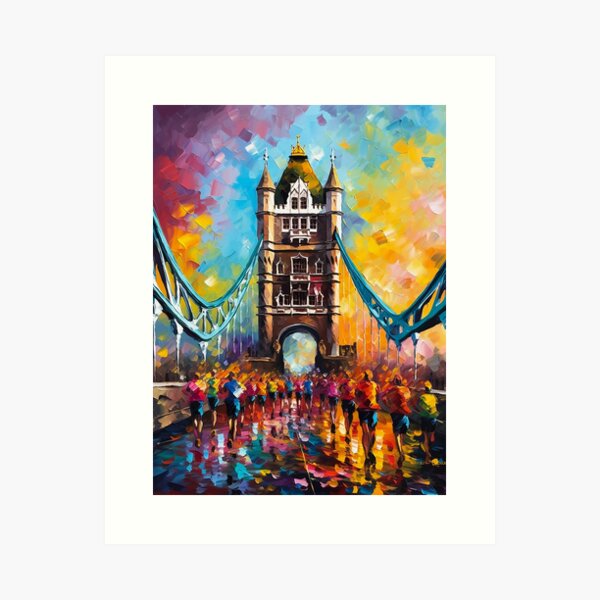 Item preview, London Marathon over Tower Bridge Landscape | Palette Knife Oil Digital Painting designed and sold by VividViews.