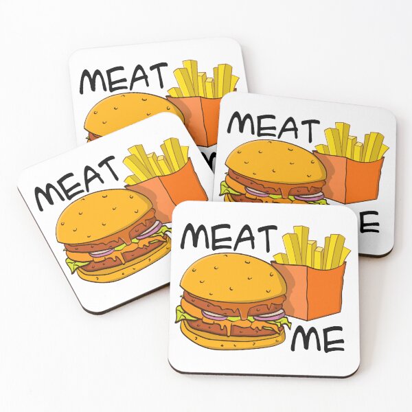 Item preview, “Meat me” Hamburger and fries illustration with black text.  designed and sold by Stef Ringoot, cartoons and illustrations.