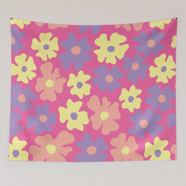 Item preview, pink 60s retro flower power, hot pink, purple, yellow, peach,  60s groovy pattern, hippie flowers designed and sold by blomastudios.