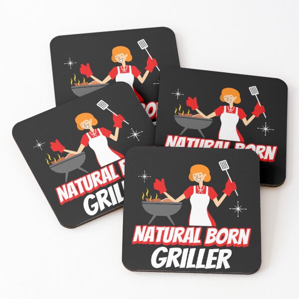 Item preview, Joyful Natural Born Griller - Cartoon Woman at Outdoor BBQ designed and sold by ElLocoMus.