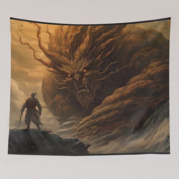 Item preview, Powerful earth god emerging from smoking depths when summoned by an oriental warrior designed and sold by SingularityGeek.