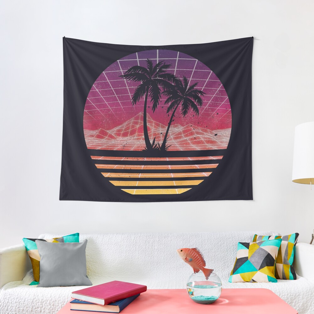 Modern Retro 80s Outrun Sunset Palm Tree Silhouette - Original Tapestry