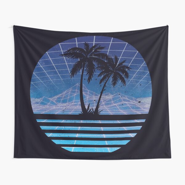 Modern Retro 80s Outrun Sunset Palm Tree Silhouette - Blue Tapestry