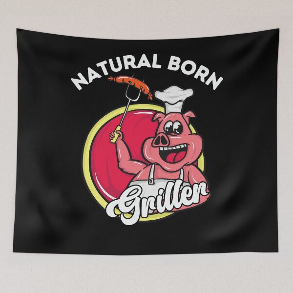 Item preview, Cheerful Natural Born Griller - Cartoon Pig Grilling Sausage designed and sold by ElLocoMus.