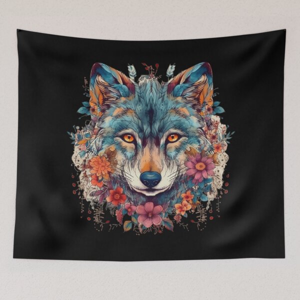 Item preview, Colorful Wolf With Flowers designed and sold by letsgetinspired.