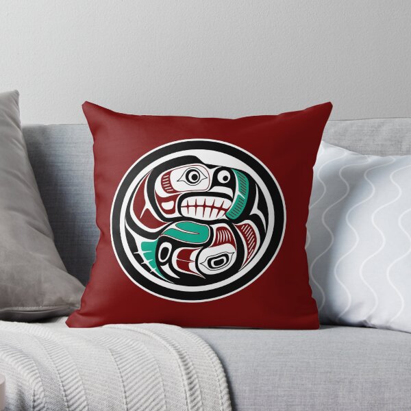 Northwest Pacific coast Otter chasing Salmon Throw Pillow