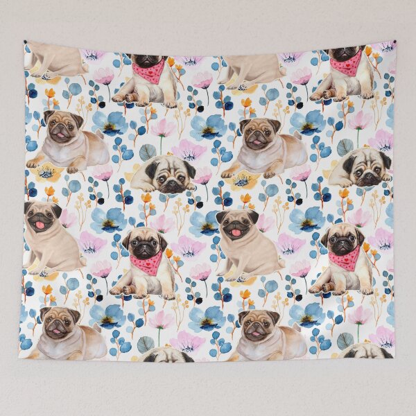 Item preview, DOFLO6 - Pug cute Blue floral and Cosmos flower watercolor pattern designed and sold by BeebooDesign.