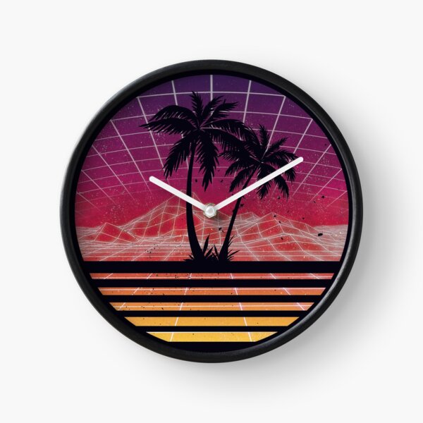 modern retro 80s outrun sunset palm tree silhouette original clock by retroroy redbubble redbubble