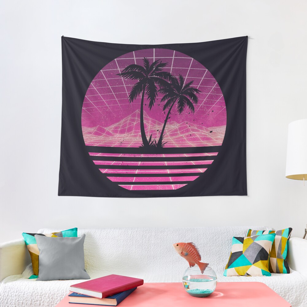 Modern Retro 80s Outrun Sunset Palm Tree Silhouette - Magenta Tapestry