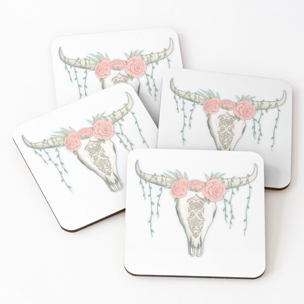 Item preview, Etched bull skull with flowers designed and sold by Pinkfrostii.