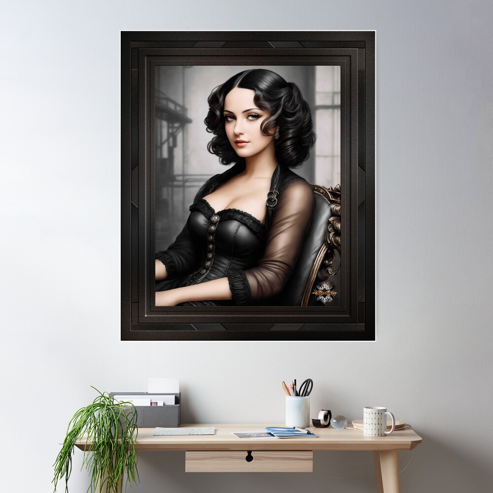 Industrial Renaissance Lady Sitting In A Chair AI Concept Art by Xzendor7 - Beauty And Brains; The Perfect Mix 2 Industrial Renaissance Lady Sitting In A Chair Alluring AI Concept Art Illustration by Xzendor7 Wall Poster