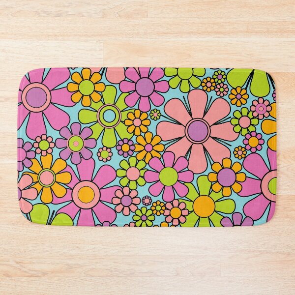 Item preview, Retro Garden Flowers 60s 70s Colorful Floral Pattern Bright Lime Green Purple Orange Sky Blue designed and sold by kierkegaard.