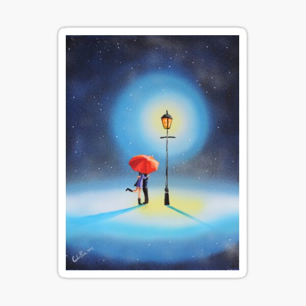 Romantic couple under a street lamp painting Sticker