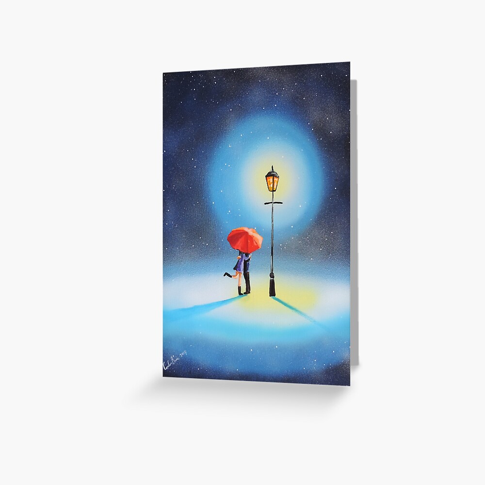 Romantic couple under a street lamp painting Greeting Card