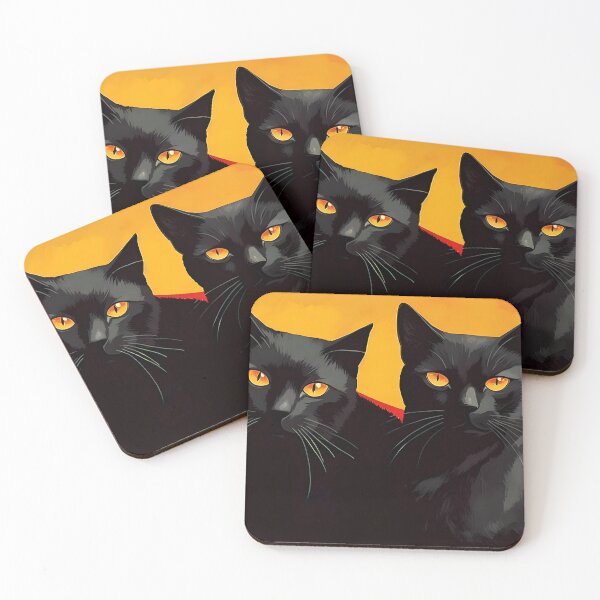 Item preview, Two twin black cats attentively gazing against a red and orange background designed and sold by SingularityGeek.