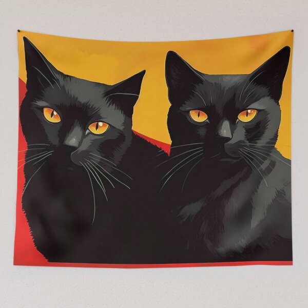 Item preview, Two twin black cats attentively gazing against a red and orange background designed and sold by SingularityGeek.